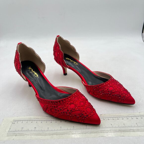 XYD Red Pointed Toe D\'Orsay Kitten Low Heel Rhinestone Studs Slip-On Pumps main image 1